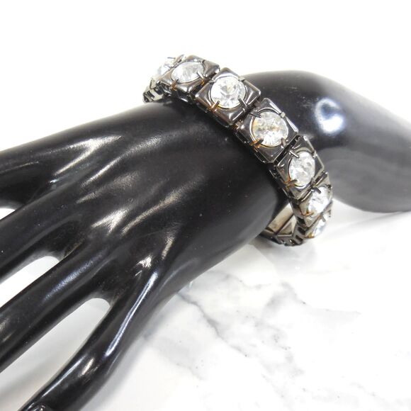 Dark Silver Linked Square Bangle with Large Rhinestones – 8" Statement Piece - Picture 2 of 3